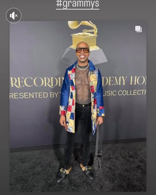 Boody on the Grammys red carpet in a Molley Marlena patchwork brocade coat