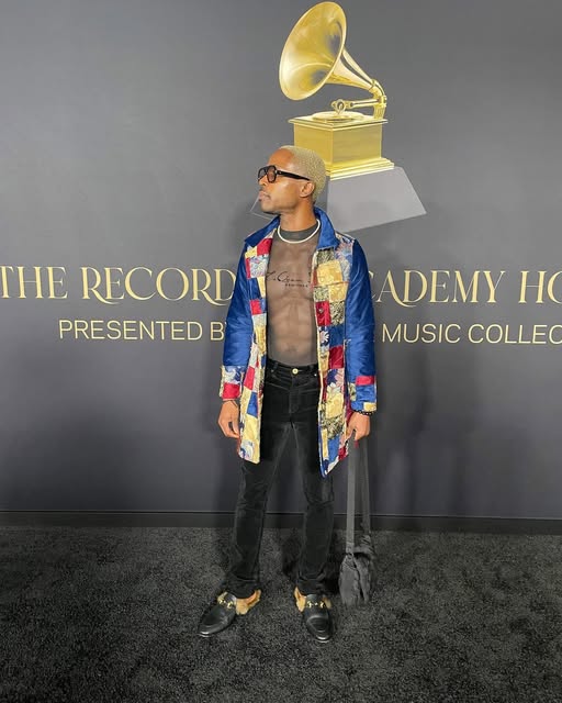 Detail of Boody's custom Molley Marlena brocade coat at the Grammys