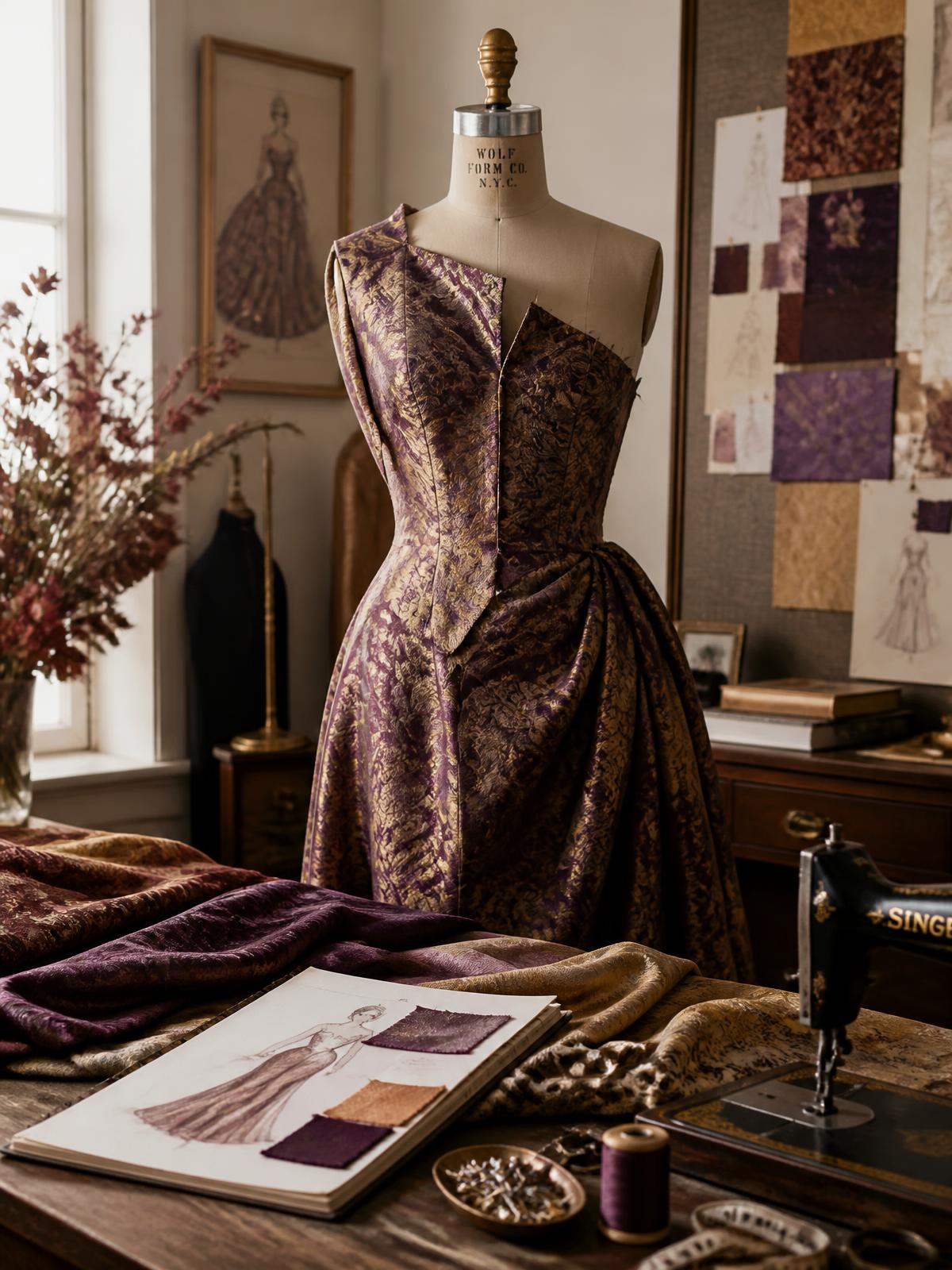 Molley Marlena's design studio with fabric swatches and a dress form